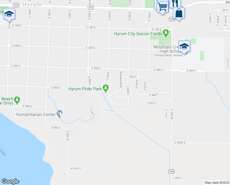 map of restaurants, bars, coffee shops, grocery stores, and more near 434 Rosewood Drive in Hyrum