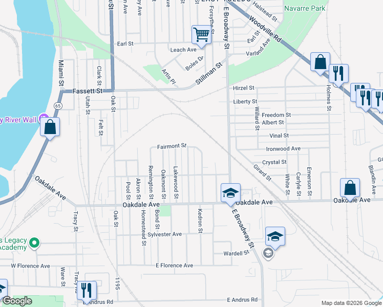 map of restaurants, bars, coffee shops, grocery stores, and more near 1413 Lebanon St in Toledo