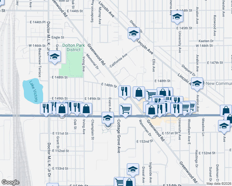 map of restaurants, bars, coffee shops, grocery stores, and more near 14830 Cottage Grove Avenue in Dolton