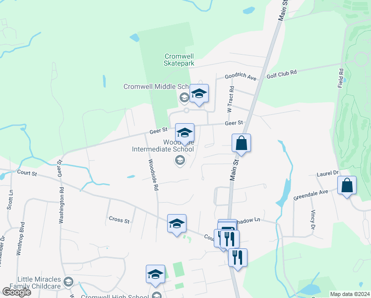 map of restaurants, bars, coffee shops, grocery stores, and more near 30 Woodside Road in Cromwell