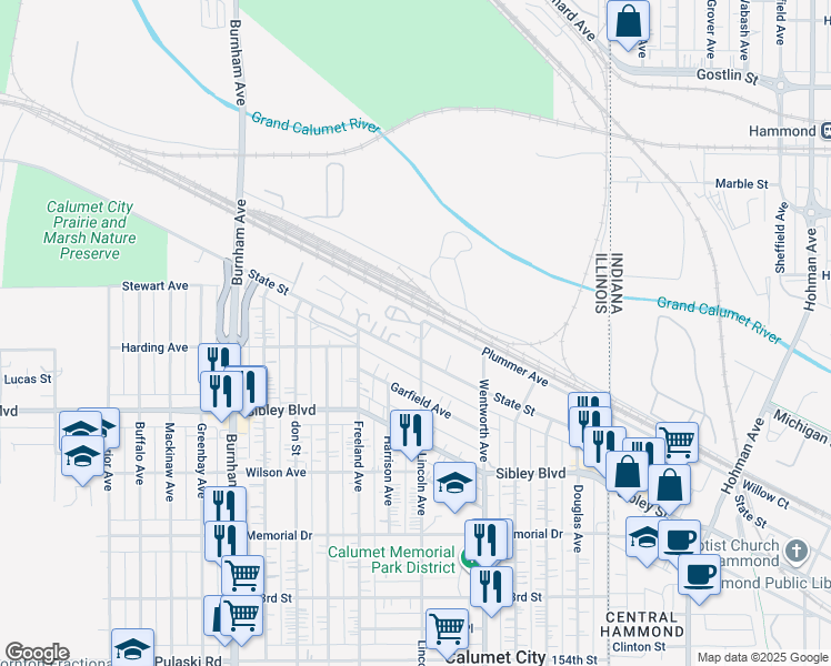 map of restaurants, bars, coffee shops, grocery stores, and more near 14 Lincoln Avenue in Calumet City
