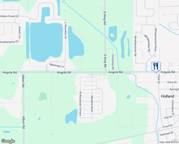 map of restaurants, bars, coffee shops, grocery stores, and more near 7717 Angola Road in Holland