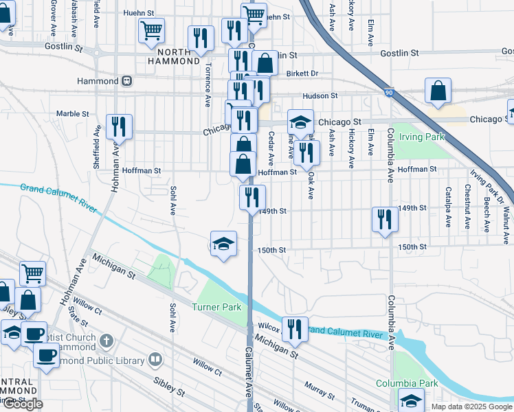 map of restaurants, bars, coffee shops, grocery stores, and more near 4845 Calumet Avenue in Hammond