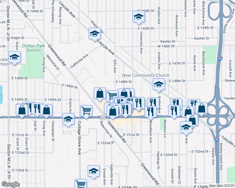 map of restaurants, bars, coffee shops, grocery stores, and more near 14833 Ellis Avenue in Dolton