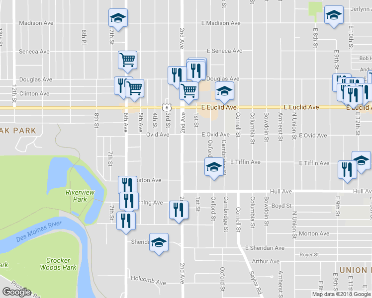 map of restaurants, bars, coffee shops, grocery stores, and more near 3223 2nd Avenue in Des Moines