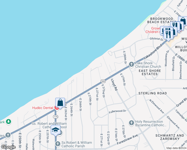 map of restaurants, bars, coffee shops, grocery stores, and more near 115 E 270th St in Euclid