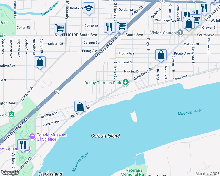 map of restaurants, bars, coffee shops, grocery stores, and more near 1117 Monterey Court in Toledo