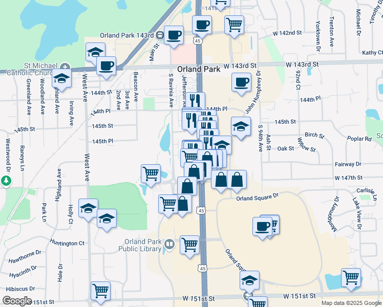 map of restaurants, bars, coffee shops, grocery stores, and more near 14600 South La Grange Road in Orland Park