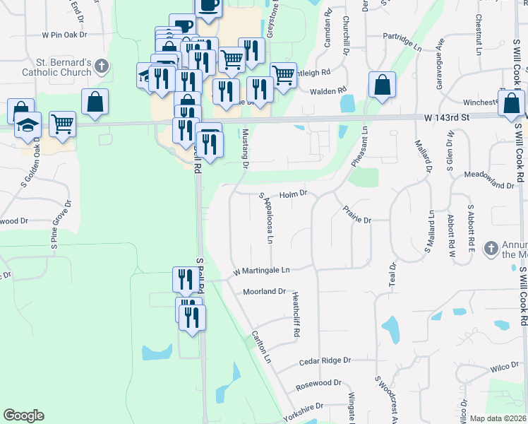 map of restaurants, bars, coffee shops, grocery stores, and more near 14522 South Appaloosa Lane in Homer Glen