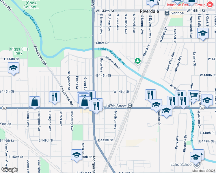 map of restaurants, bars, coffee shops, grocery stores, and more near 14534 Des Plaines Street in Harvey