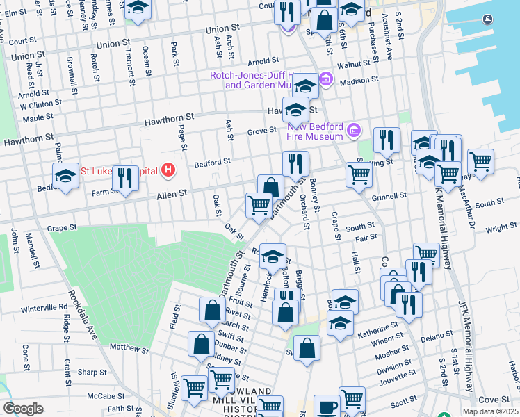 map of restaurants, bars, coffee shops, grocery stores, and more near 87 Dartmouth Street in New Bedford