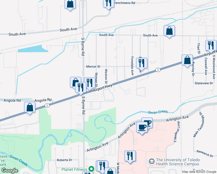 map of restaurants, bars, coffee shops, grocery stores, and more near 3333 Airport Highway in Toledo