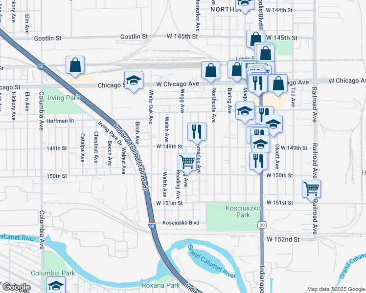 map of restaurants, bars, coffee shops, grocery stores, and more near 1220 West 149th Street in East Chicago