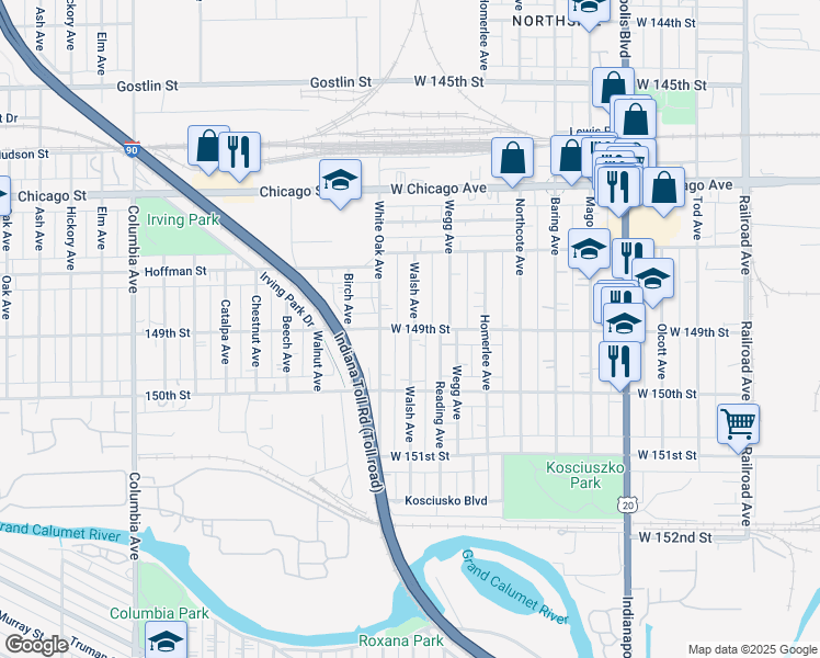 map of restaurants, bars, coffee shops, grocery stores, and more near 4859 Walsh Avenue in East Chicago