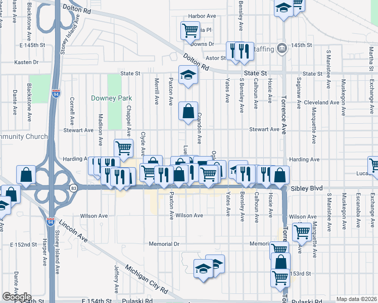 map of restaurants, bars, coffee shops, grocery stores, and more near 407 Luella Avenue in Calumet City