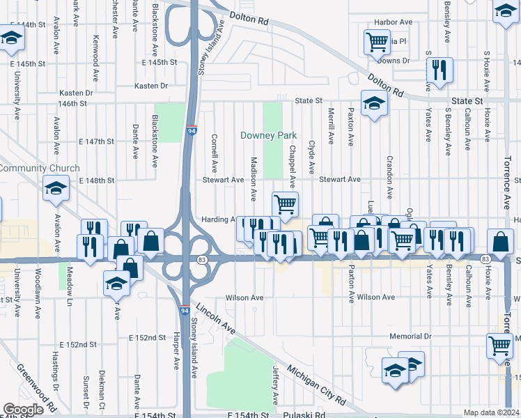 map of restaurants, bars, coffee shops, grocery stores, and more near 409 Madison Avenue in Calumet City