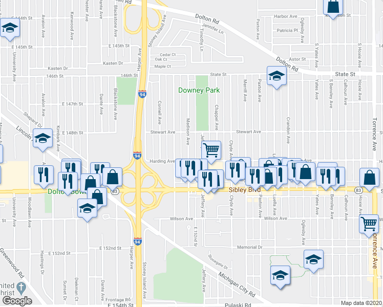 map of restaurants, bars, coffee shops, grocery stores, and more near 409 Madison Avenue in Calumet City