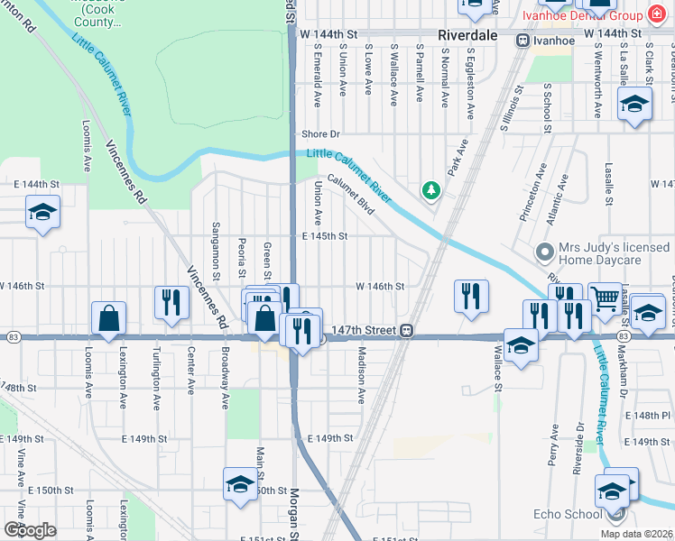 map of restaurants, bars, coffee shops, grocery stores, and more near 14534 Des Plaines Street in Harvey