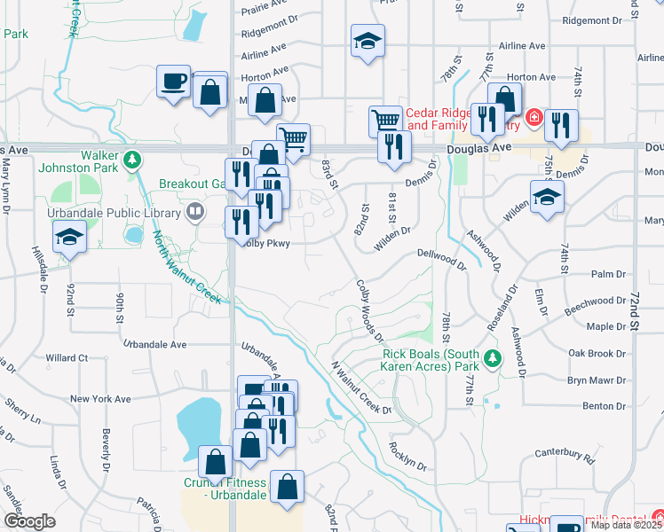map of restaurants, bars, coffee shops, grocery stores, and more near 8308 Colby Parkway in Urbandale
