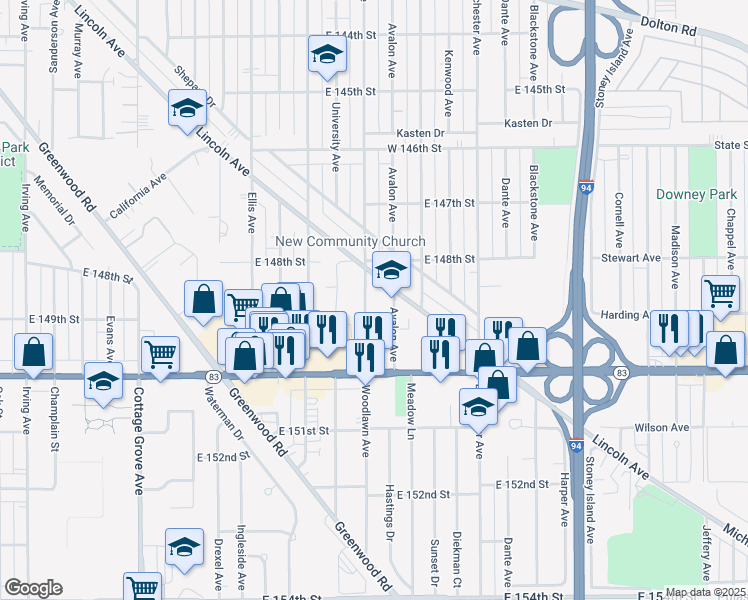 map of restaurants, bars, coffee shops, grocery stores, and more near 14837 Woodlawn Avenue in Dolton