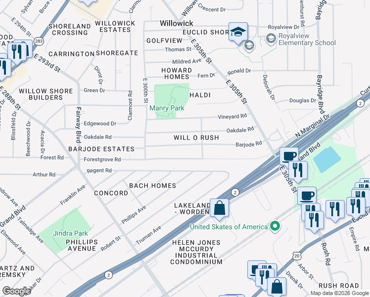 map of restaurants, bars, coffee shops, grocery stores, and more near 30116 Barjode Road in Willowick
