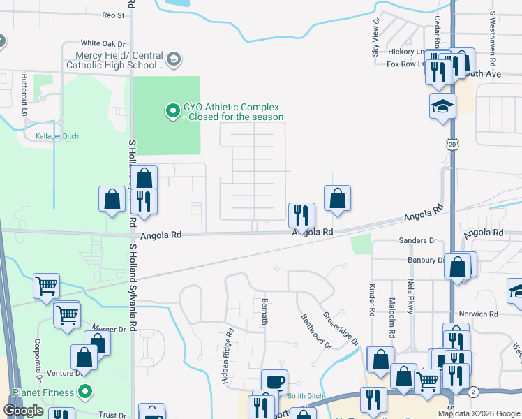 map of restaurants, bars, coffee shops, grocery stores, and more near 5702 Angola Road in Toledo