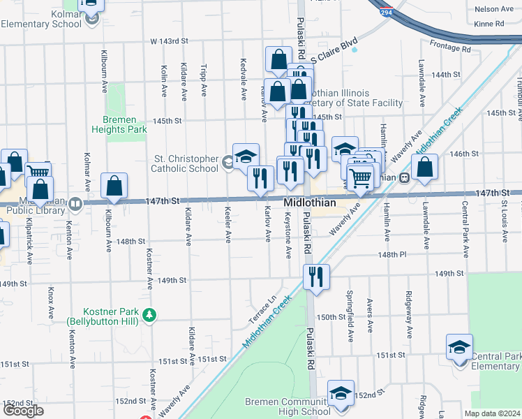 map of restaurants, bars, coffee shops, grocery stores, and more near 14716 Karlov Avenue in Midlothian