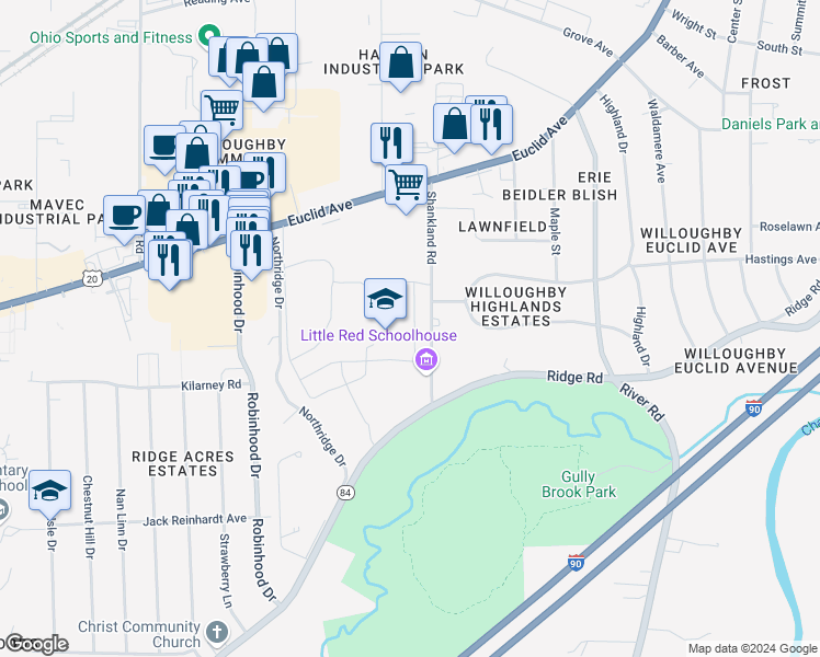 map of restaurants, bars, coffee shops, grocery stores, and more near 5000 Shankland Road in Willoughby