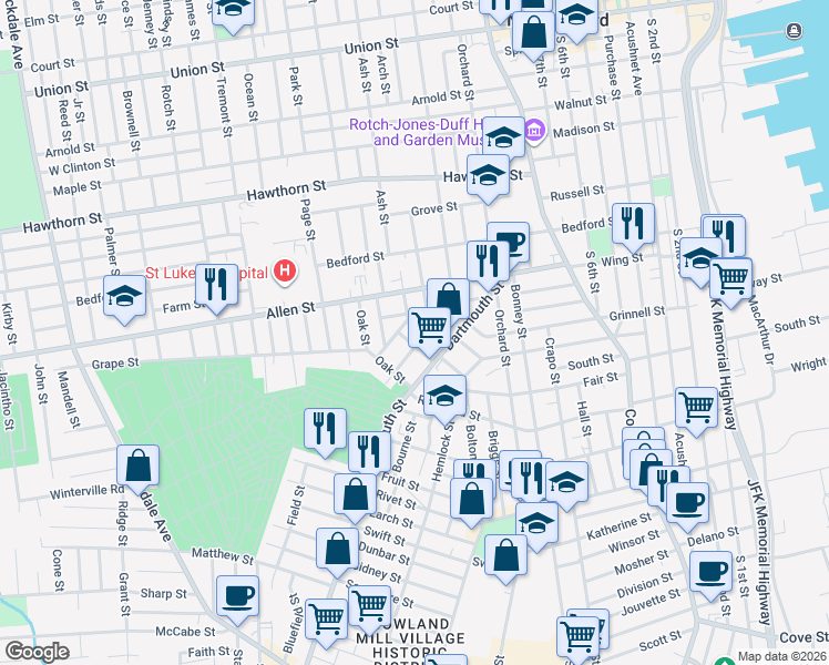 map of restaurants, bars, coffee shops, grocery stores, and more near 12 Ward Street in New Bedford