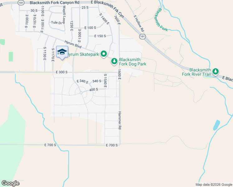 map of restaurants, bars, coffee shops, grocery stores, and more near South 1580 East in Hyrum