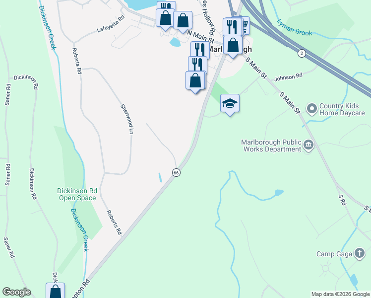 map of restaurants, bars, coffee shops, grocery stores, and more near 56 East Hampton Road in Marlborough