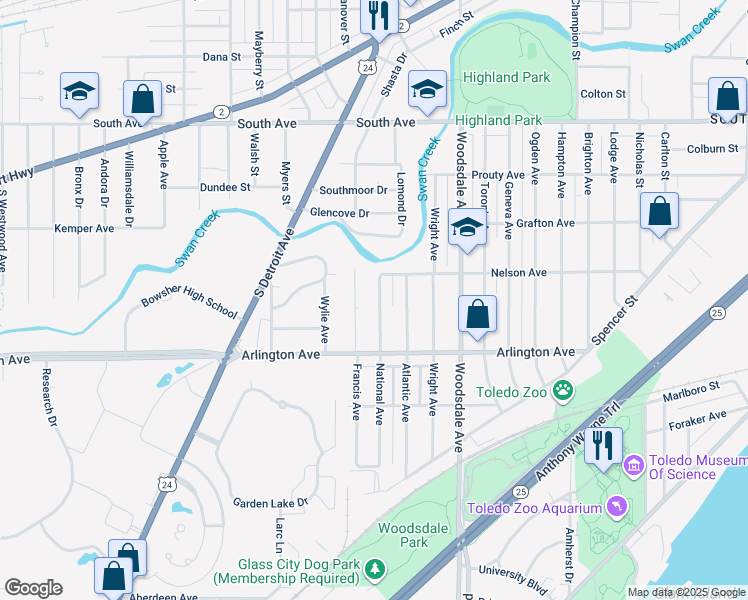 map of restaurants, bars, coffee shops, grocery stores, and more near 828 National Avenue in Toledo