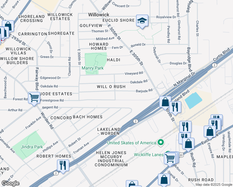 map of restaurants, bars, coffee shops, grocery stores, and more near 30200 Barjode Road in Willowick