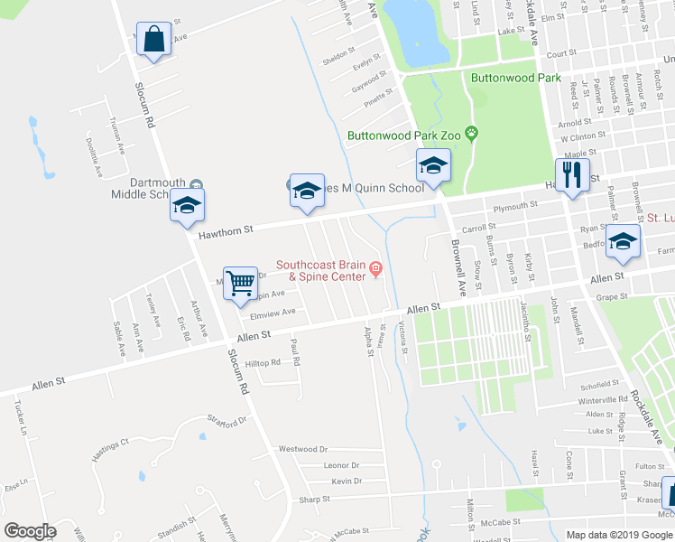 map of restaurants, bars, coffee shops, grocery stores, and more near 37 Howard Street in Dartmouth