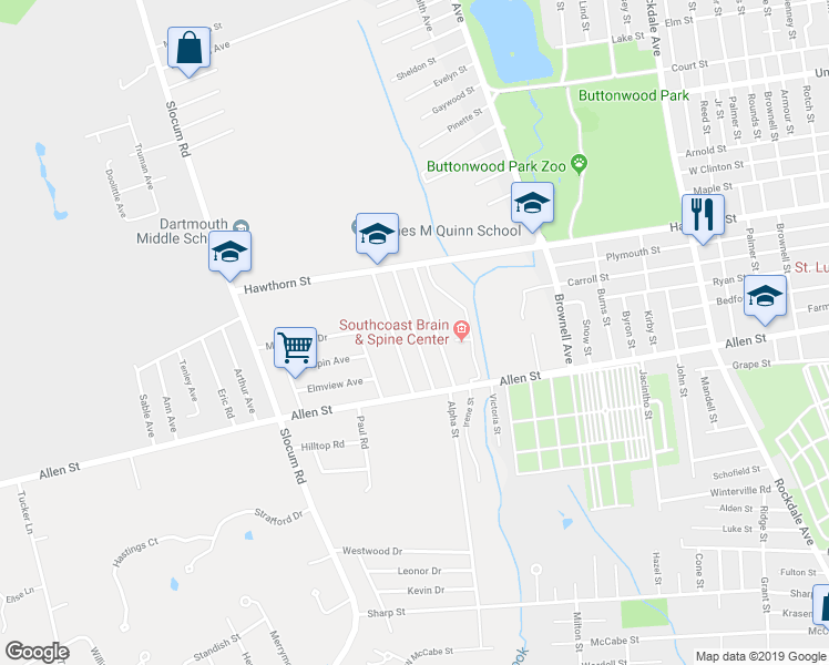 map of restaurants, bars, coffee shops, grocery stores, and more near Howard Street in Dartmouth