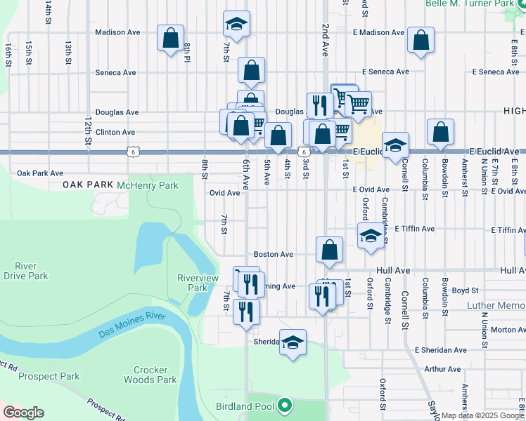 map of restaurants, bars, coffee shops, grocery stores, and more near 3222 5th Avenue in Des Moines