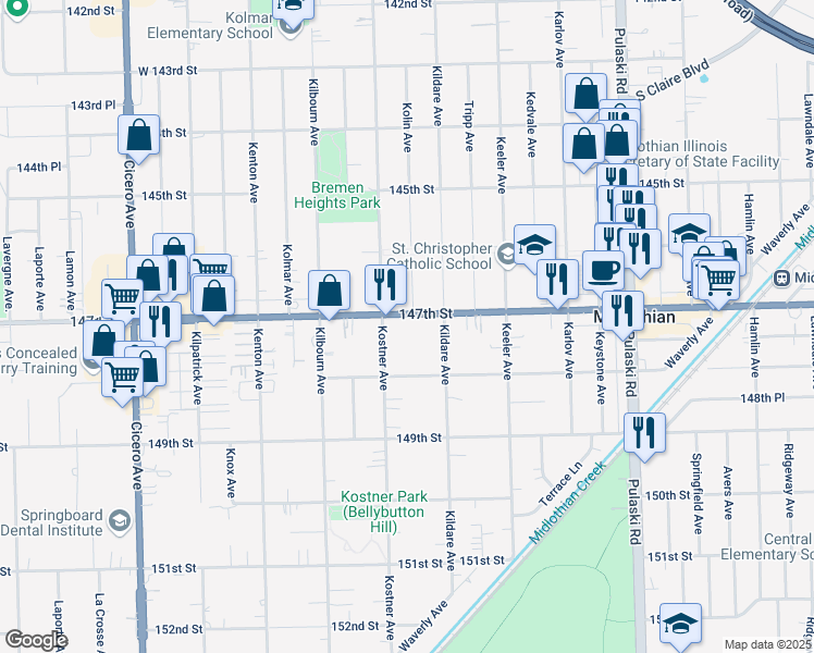 map of restaurants, bars, coffee shops, grocery stores, and more near 14700 Kildare Avenue in Midlothian