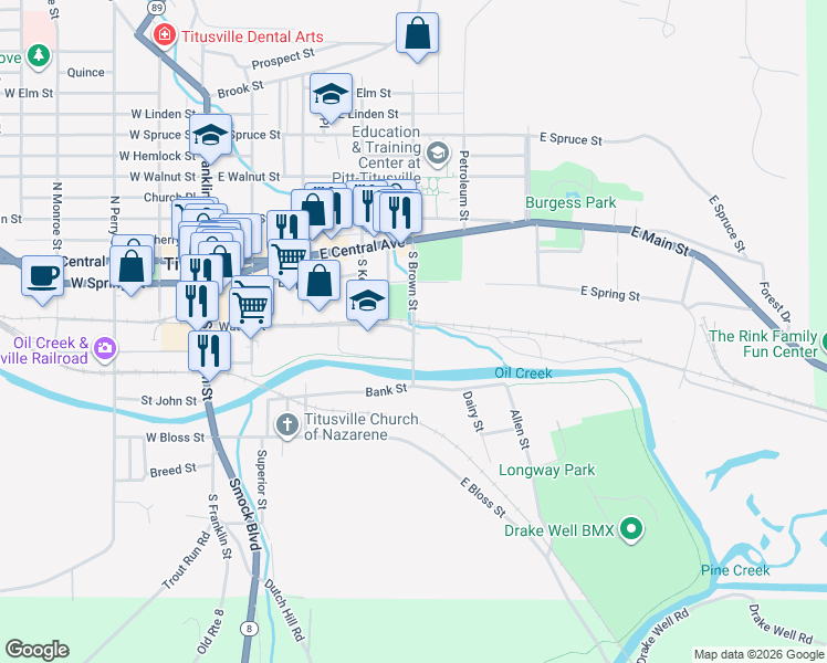 map of restaurants, bars, coffee shops, grocery stores, and more near 415 Water Street in Titusville