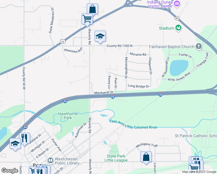map of restaurants, bars, coffee shops, grocery stores, and more near 1107 Penny Lane in Chesterton