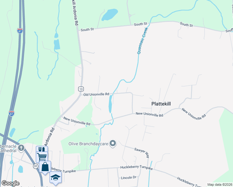 map of restaurants, bars, coffee shops, grocery stores, and more near 91 Old Unionville Road in Wallkill