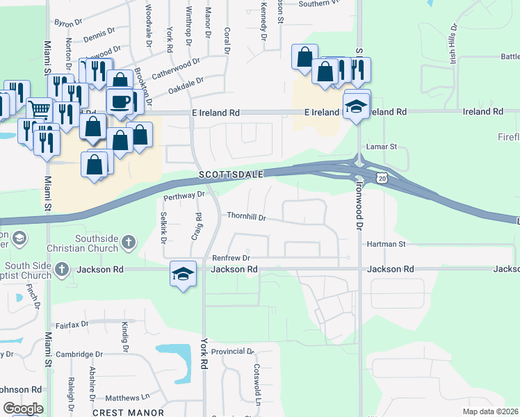 map of restaurants, bars, coffee shops, grocery stores, and more near 4847 Huntley Court in South Bend