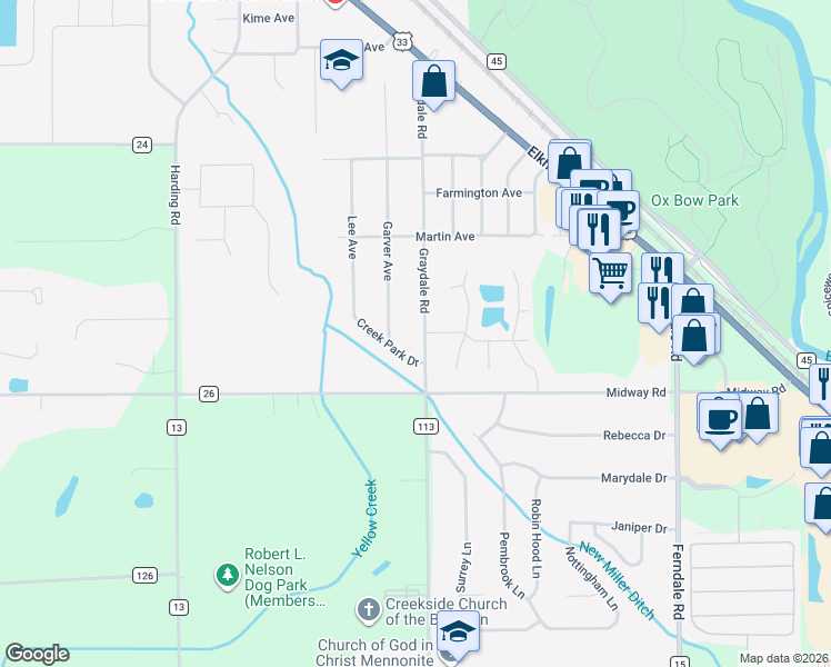 map of restaurants, bars, coffee shops, grocery stores, and more near 59883 113 in Elkhart