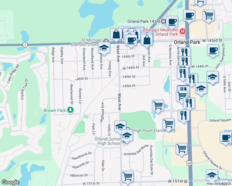 map of restaurants, bars, coffee shops, grocery stores, and more near 14572 West Avenue in Orland Park