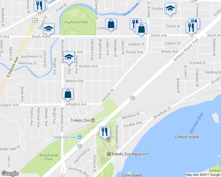 map of restaurants, bars, coffee shops, grocery stores, and more near 834 Spencer Street in Toledo
