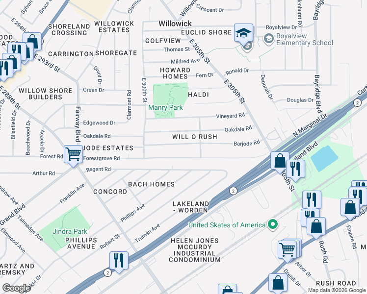 map of restaurants, bars, coffee shops, grocery stores, and more near 30116 Barjode Road in Willowick