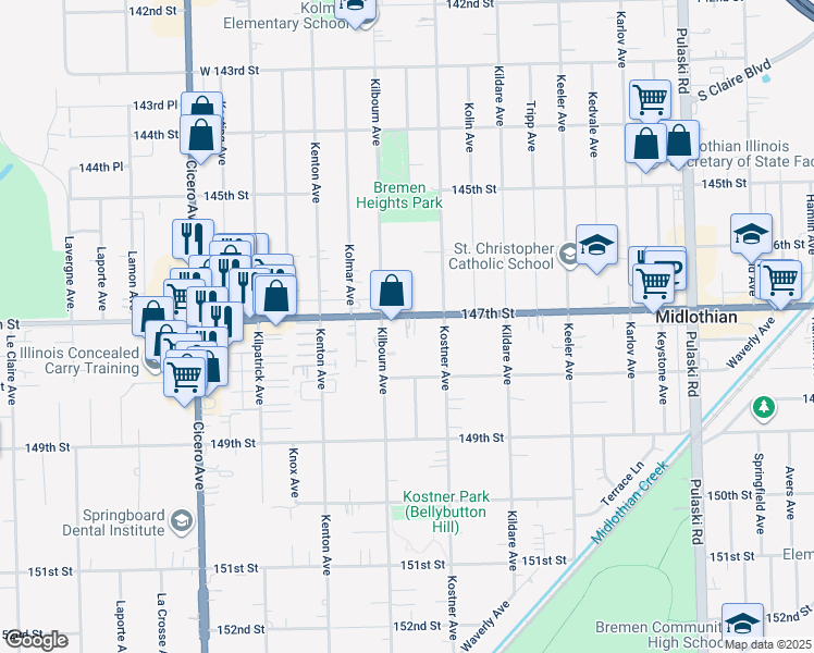 map of restaurants, bars, coffee shops, grocery stores, and more near 4437 147th Street in Midlothian