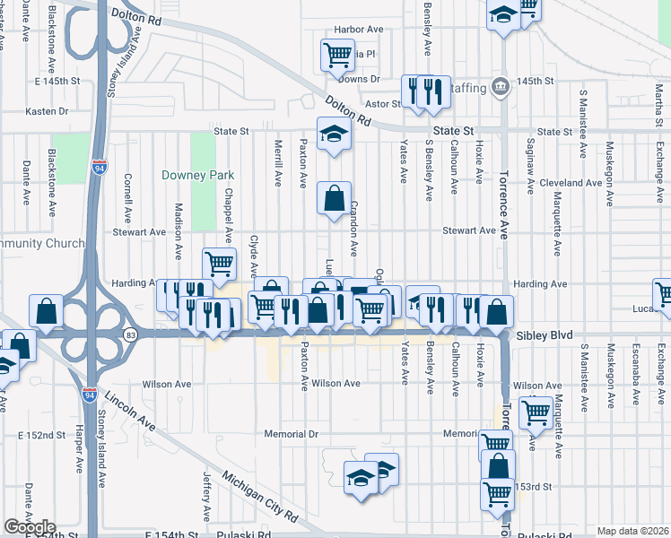 map of restaurants, bars, coffee shops, grocery stores, and more near 407 Luella Avenue in Calumet City