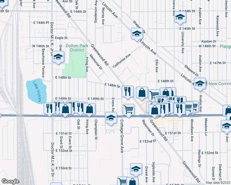 map of restaurants, bars, coffee shops, grocery stores, and more near 14829 Evans Ave in Dolton