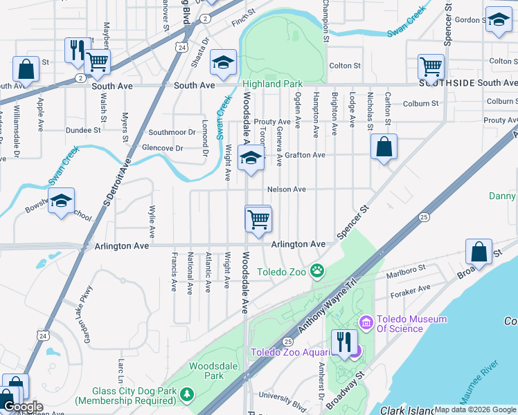 map of restaurants, bars, coffee shops, grocery stores, and more near 832 Toronto Avenue in Toledo