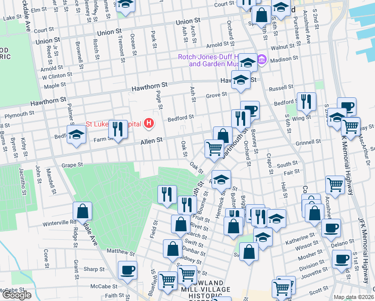map of restaurants, bars, coffee shops, grocery stores, and more near 76 Oak St in New Bedford